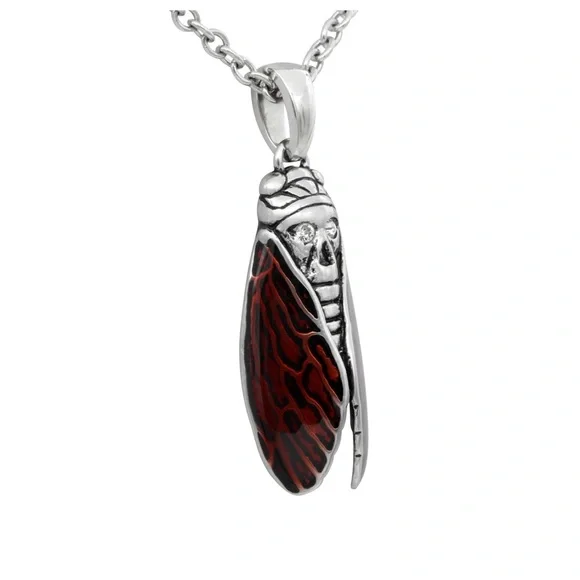 Skull Cicada Necklace with Red Wings -NWT- Stainless Steel With Austrian Crystal - Picture 3 of 6